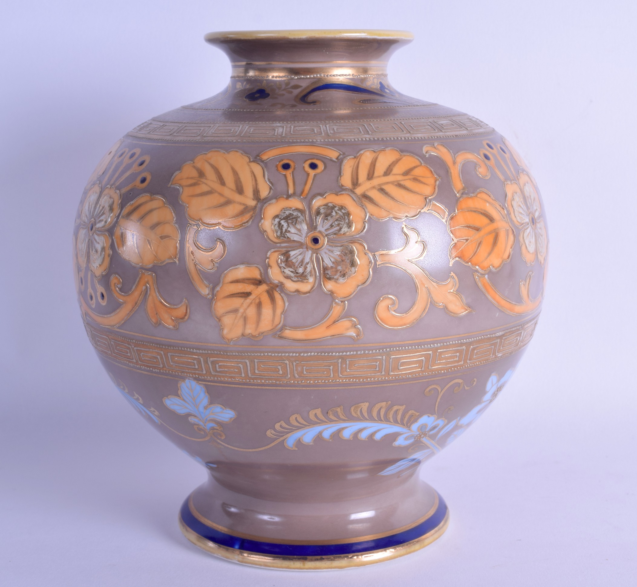 20th c. Noritake vase with two Greek key borders and orange plants highlighted in gold. 18cm high - Image 2 of 3