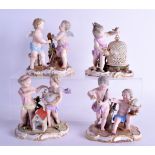 A SET OF FOUR 19TH CENTURY MEISSEN PORCELAIN FIGURES depicting putti in various pursuits upon