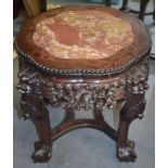 A 19TH CENTURY MARBLE INSET LOBED CHINESE STAND, with carved foliate frieze. 46 cm x 54 cm.