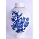 18th c. Worcester tea canister printed in underglaze blue with the Three Flower pattern in under