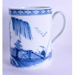 18th c. mug painted in under glaze blue with a fisherman beside a fence and willow probably Chaffers