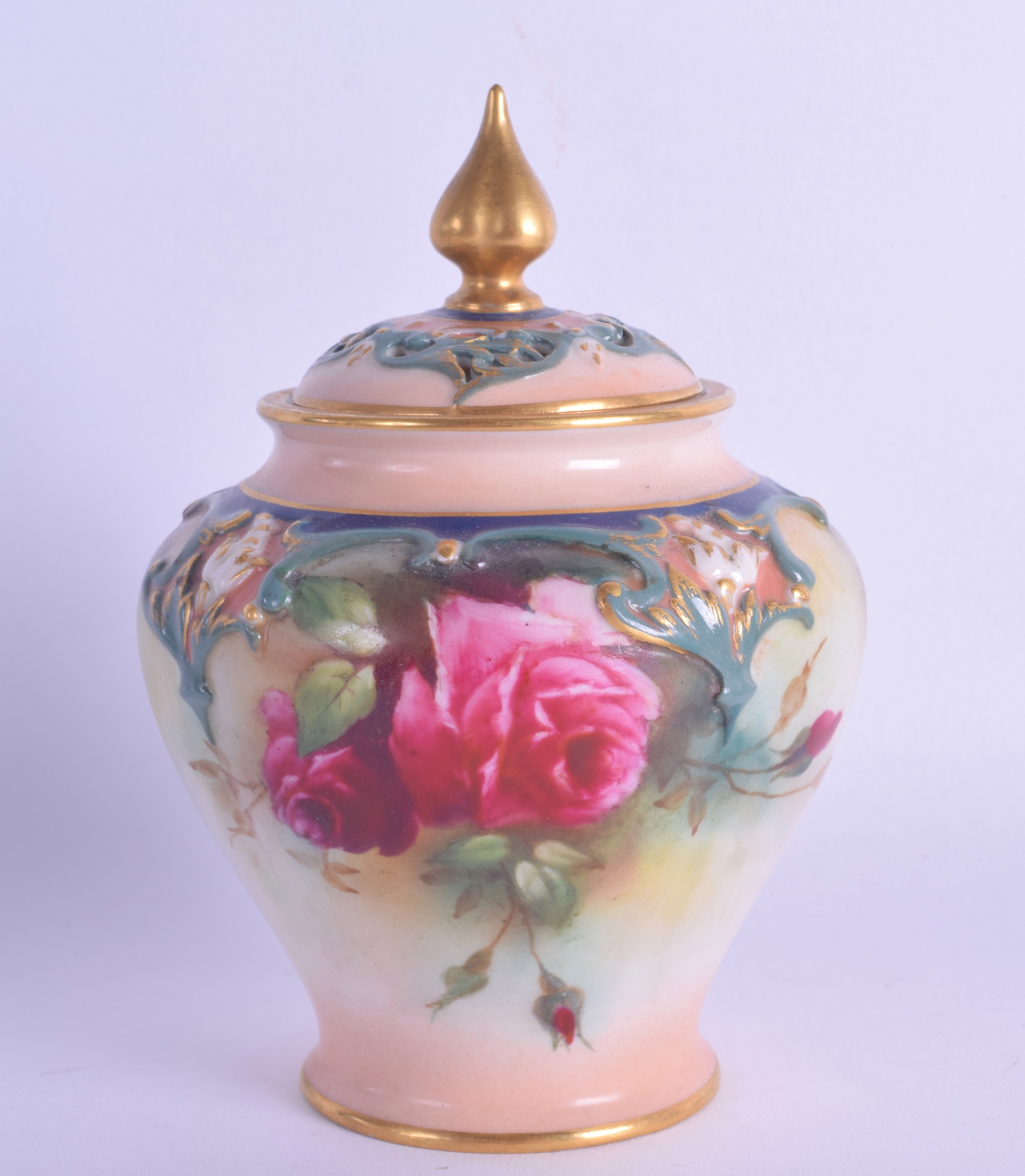 Royal Worcester pot pourri and cover moulded with coloured clays in Hadley style painted with