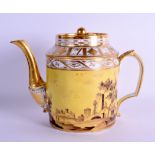 18th c. French yellow ground teapot and cover painted with a landscape. 15cm high