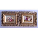 Late 19th c. pair of Continental plaques painted with angelic love scenes, signed, blue bee hive