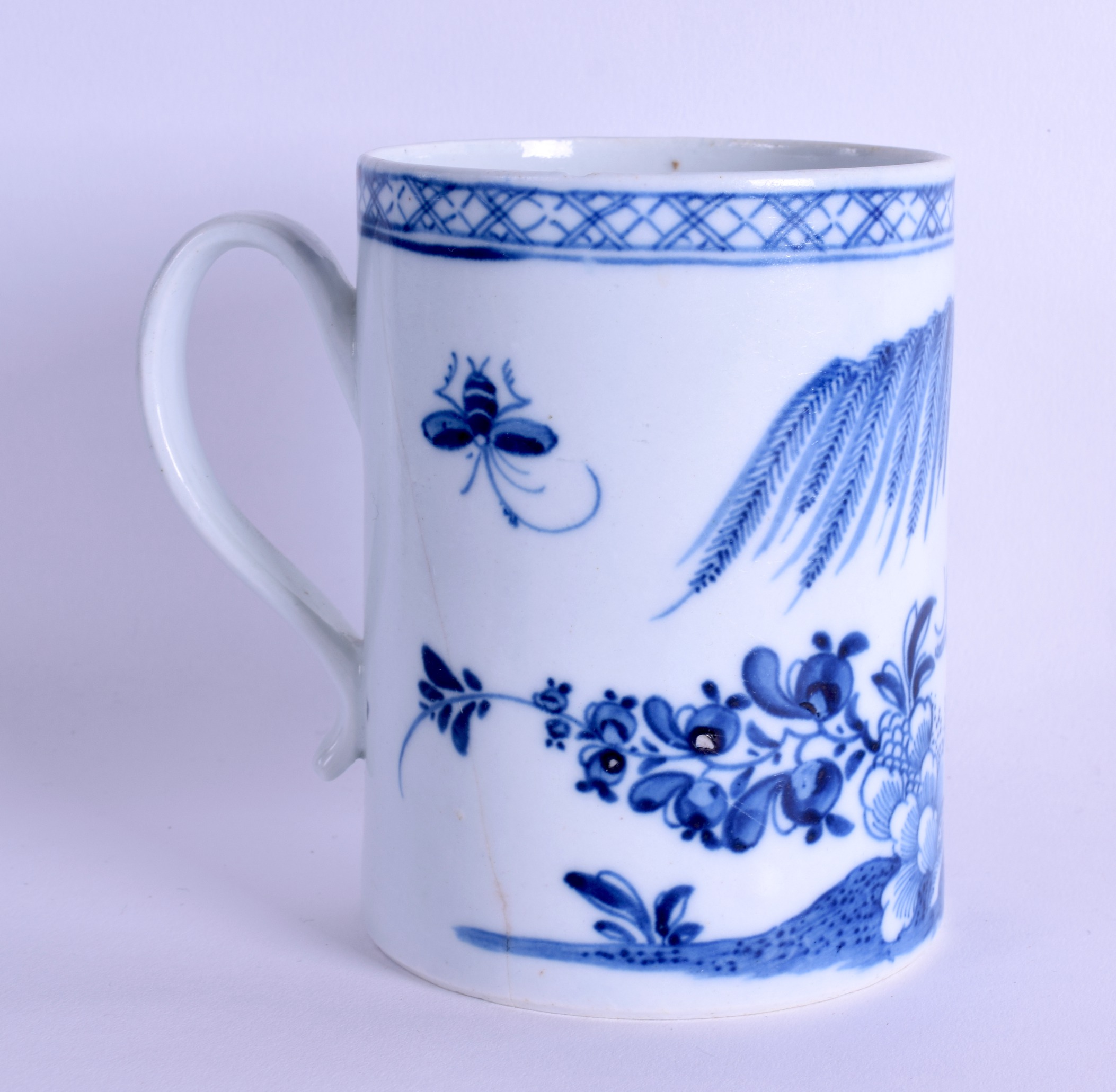 18th c. mug painted in under glaze blue with a fisherman beside a fence and willow probably Chaffers - Image 2 of 3