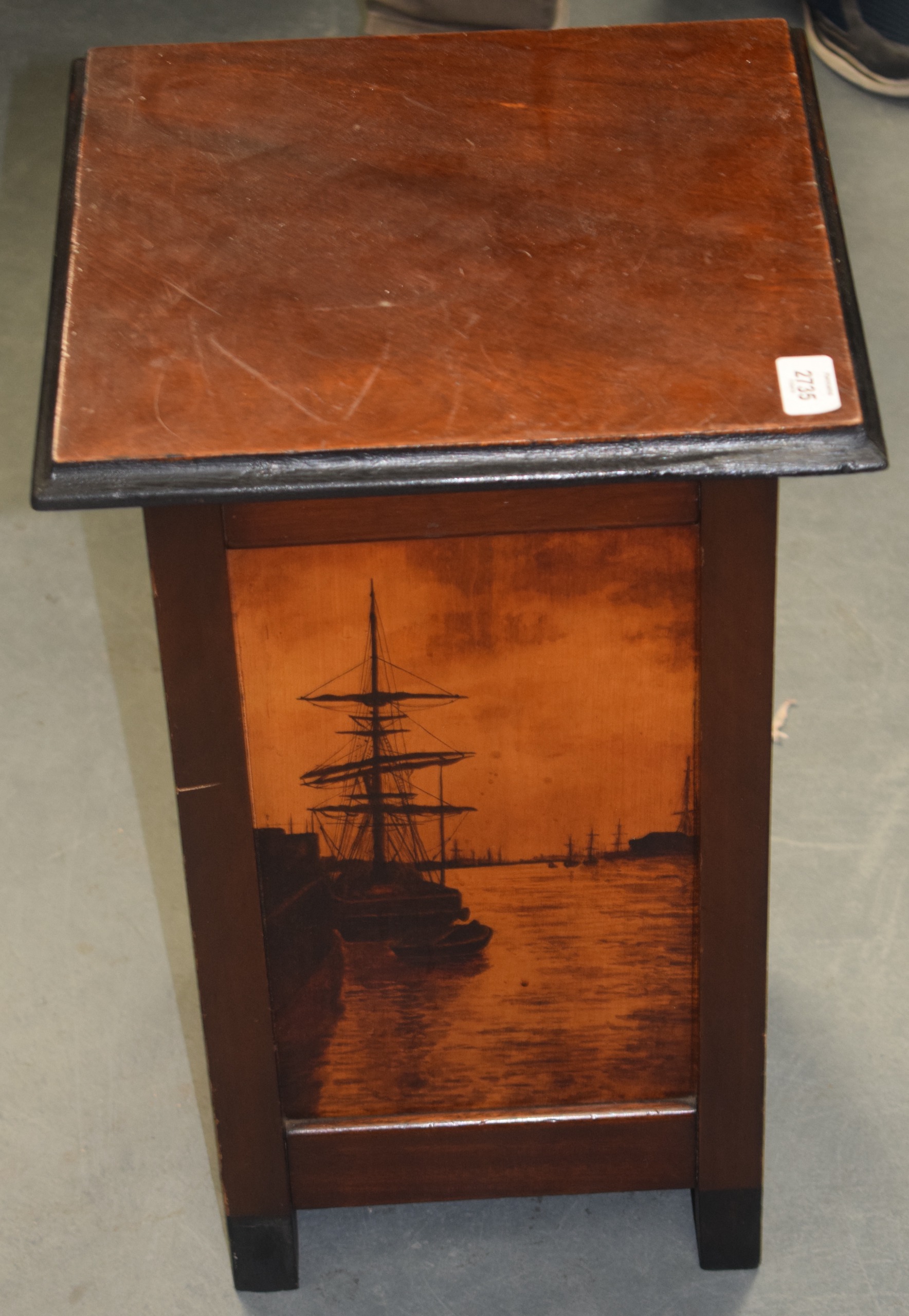 AN ANTIQUE PEN WORK BOX decorated with boats and landscapes. 33 cm x 50 cm.