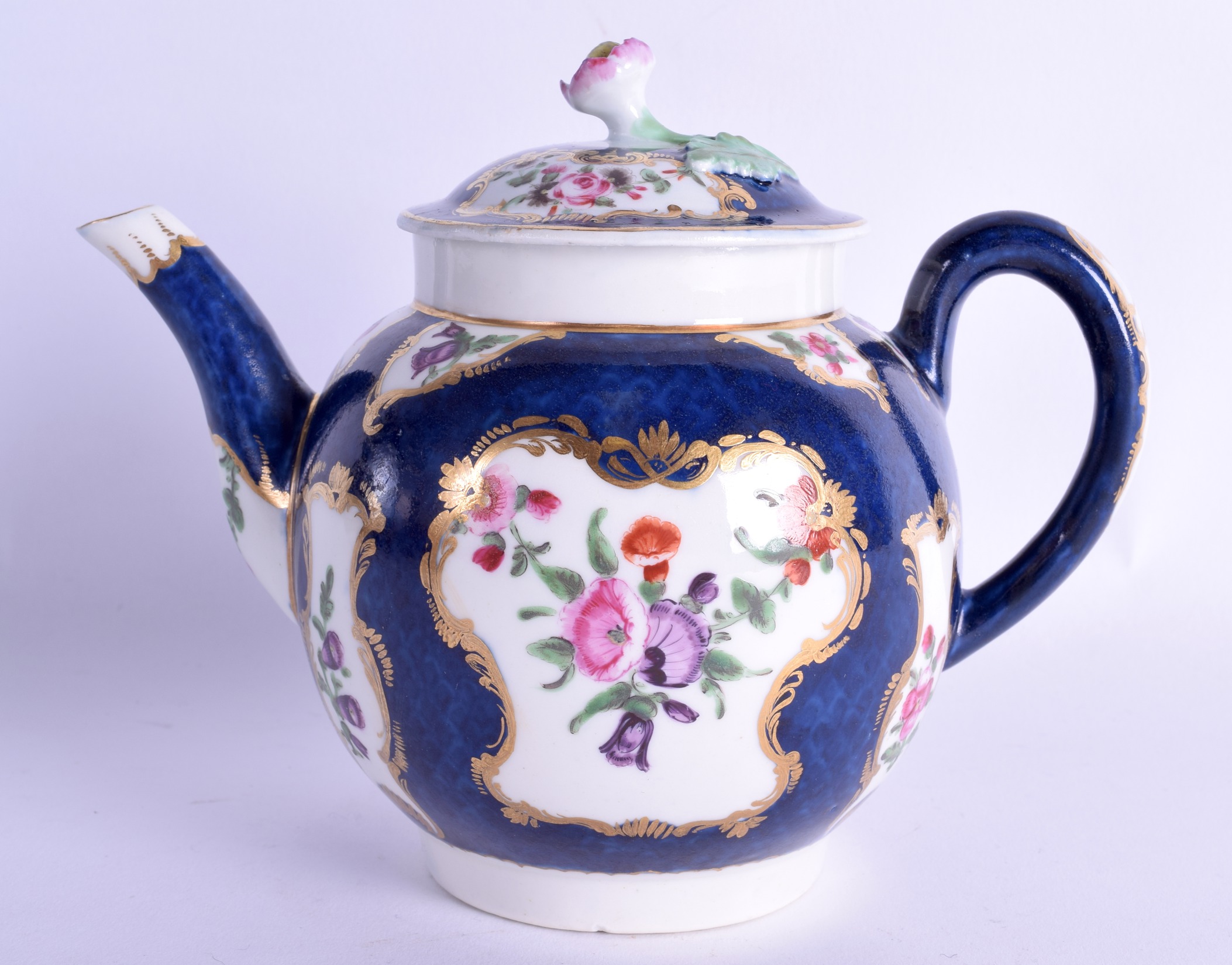 18th c. Worcester teapot and cover painted with English flowers on a blue scale ground, crescent - Image 2 of 2