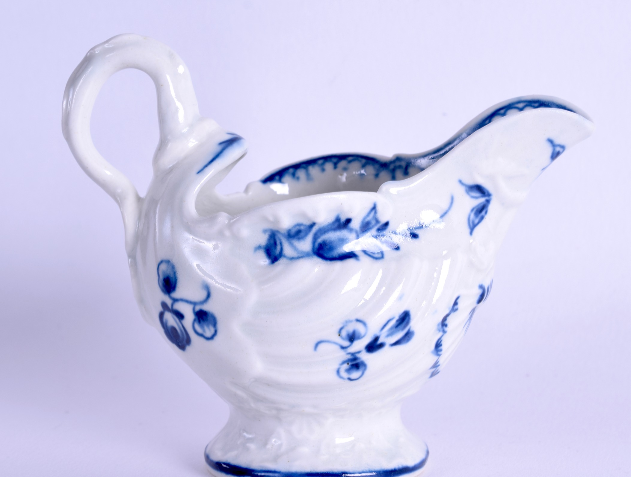 18th c. Worcester dolphin moulded ewer with lamprey handle painted with flowers in underglaze - Image 2 of 3