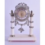 A FINE EARLY 20TH CENTURY FRENCH SILVER AND GEM STONE MINIATURE MANTEL CLOCK with silvered dial