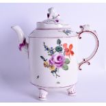 18th c Ludwigsburg three footed teapot and cover with lion finial painted with flowers. 16cm high