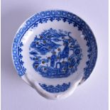 18th c. Caughley egg drainer printed with the Fisherman pattern in blue. 8.5cm diameter