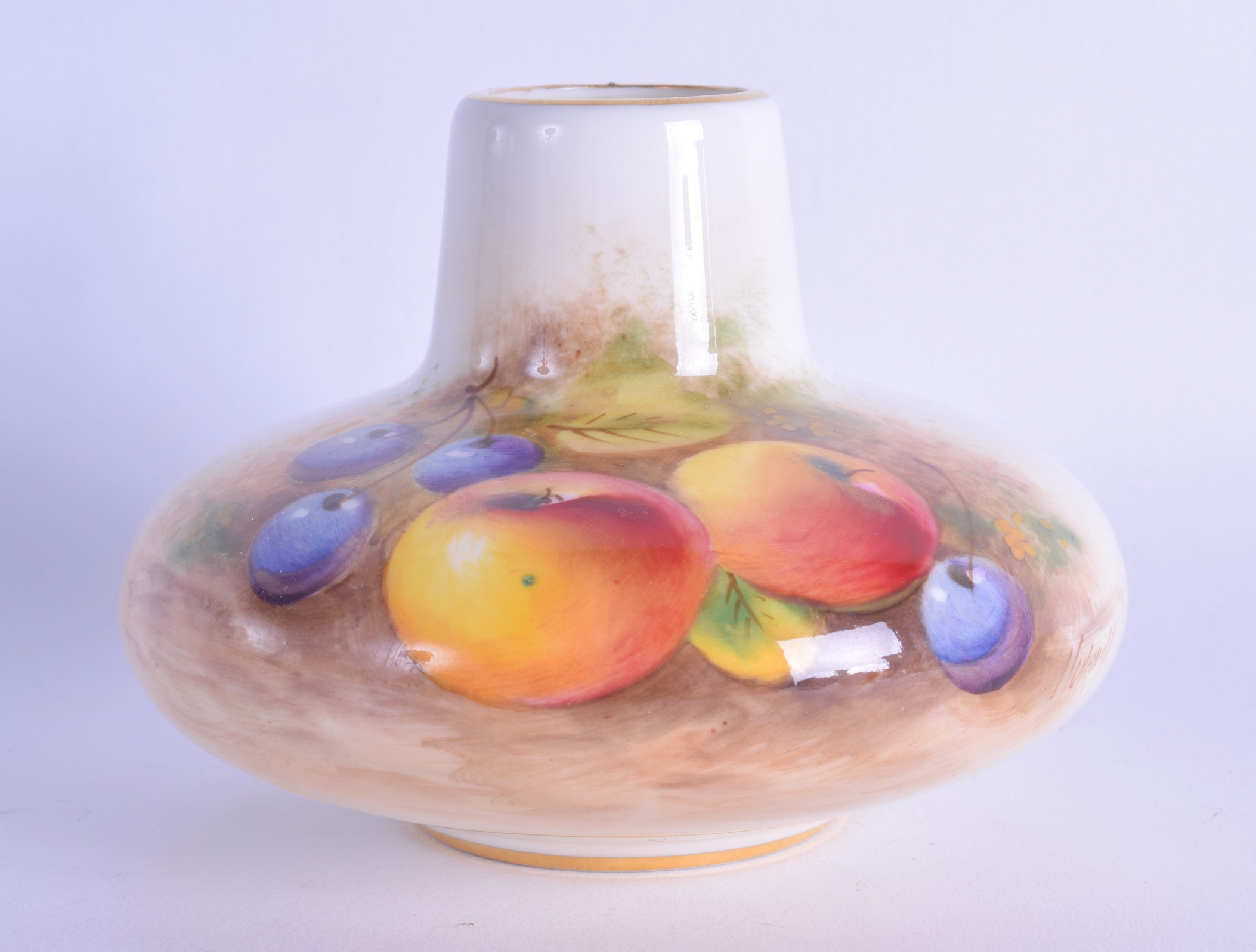 Royal Worcester vase of compressed form painted with fruit by Roberts black mark. 7.5cm high