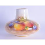 Royal Worcester vase of compressed form painted with fruit by Roberts black mark. 7.5cm high