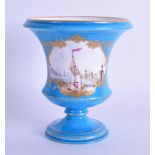 19th c. Sevres style vase painted with two harbour scenes on a turquoise ground. 10cm high