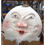 AN UNUSUAL PAPIER MACHE MOON HEAD HANGING LANTERN. 42 cm x 42 cm.