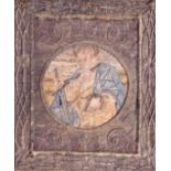 A GOOD 17TH CENTURY CONTINENTAL NEEDLEWORK TAPESTRY PANEL depicting a saint seated within a