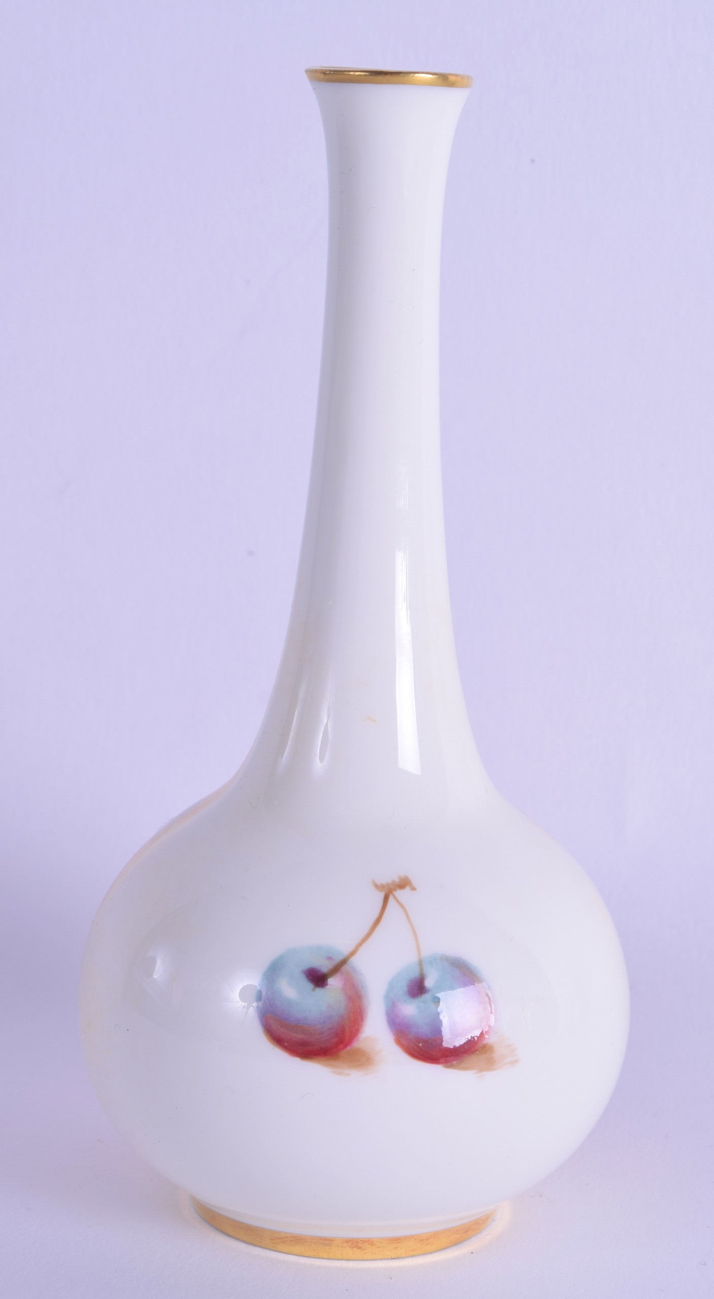 Royal Worcester vase painted by Roberts with peaches and cherries, black mark. 12.5cm high - Image 2 of 3