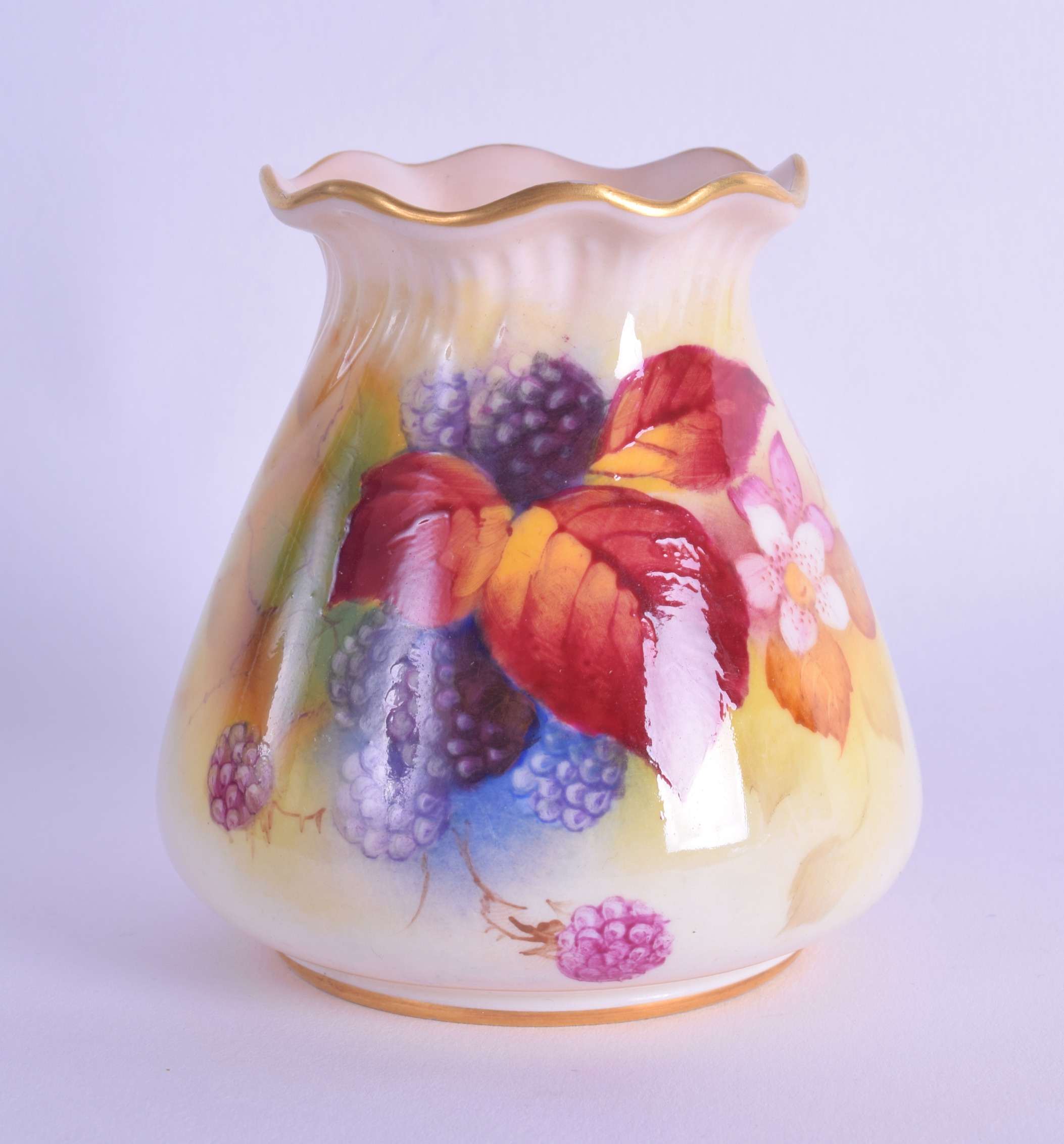 Royal Worcester vase with pie crust rim painted with autumnal leaves and berries by Kitty Blake