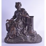 A 19TH EUROPEAN BRONZE FIGURE OF SHAKESPEARE modelled seated beside a Corinthian column, upon an