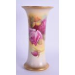 Royal Worcester trumpet shaped vase with waisted sides painted with roses by Millie Hunt, signed