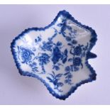 18th c. Worcester leaf shaped small dish painted with the Pickle Leaf Vine pattern, crescent mark.