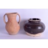 TWO CHINESE POTTERY VESSELS. 12 cm & 9 cm high. (2)