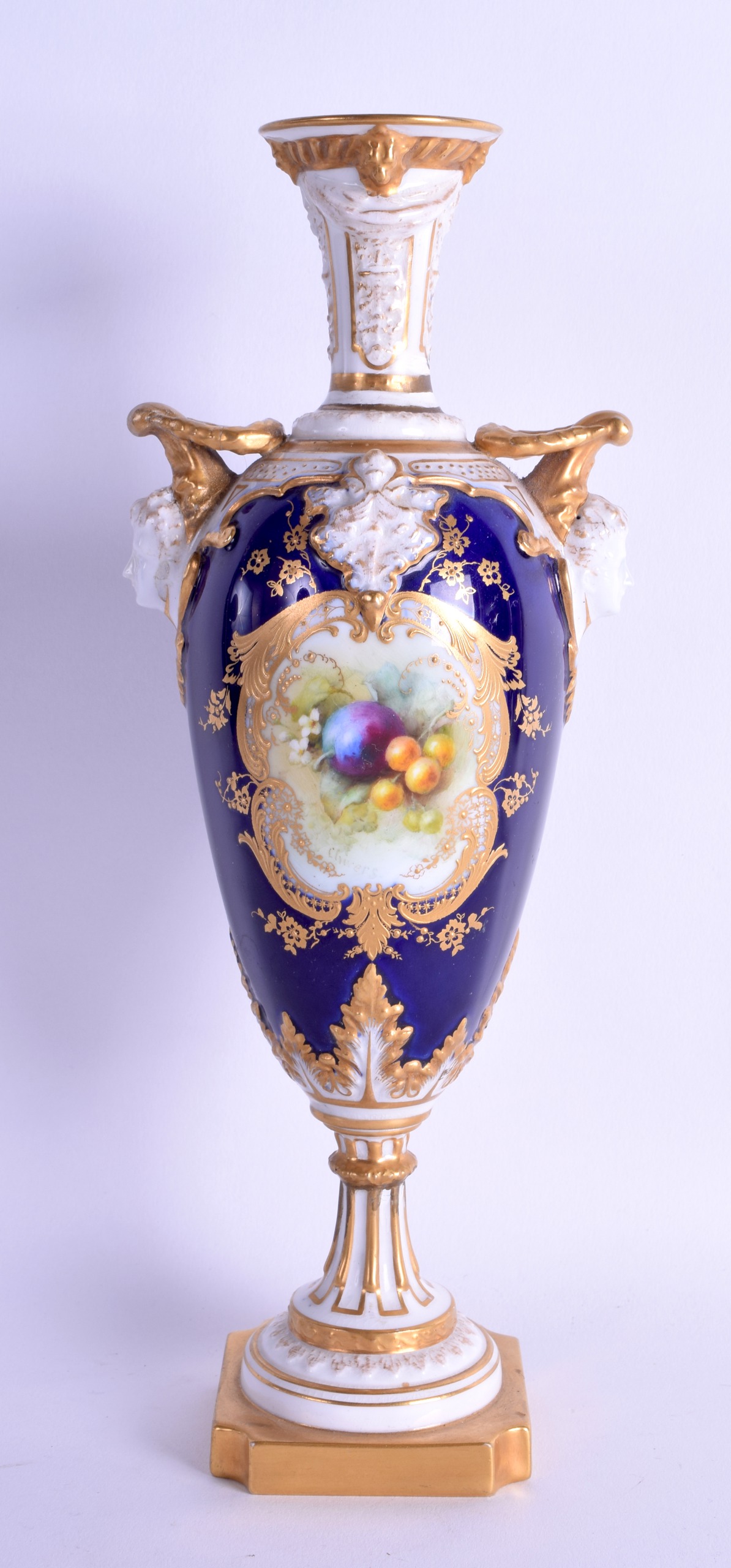 Royal Worcester vase with cobalt blue ground painted with fruit on a mossy bank by F. Chivers,