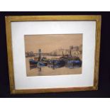 STEPHEN BONE (1904-1958), framed water colour, dated 1920 verso, boats in Rouen Port, France. 22