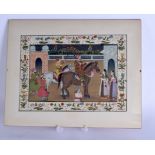 AN EARLY 20TH CENTURY PERSIAN WATERCOLOUR ON SILK depicting figures on horseback. Image 27 cm x 20