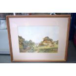 STEWART BROOK (British), framed watercolour, peasant in a landscape. 24 cm x 34 cm.