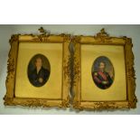 A PAIR OF 19TH CENTURY ENGRAVINGS, depicting portraits of gentlemen in gilt frames. 10 cm x 6.5 cm