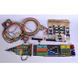 FIVE VINTAGE TRIBAL AFRICAN BEAD WORK ITEMS including a small knobkerrie, necklace etc. (5)