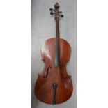 A GOOD 19TH CENTURY EUROPEAN CARVED CELLO possibly Scottish, with large scrolling terminal,