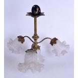 A 1920'S BRASS HANGING LAMP, with four glass shades of floral inspiration. 47 cm wide.
