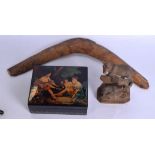 A BLACK FOREST BAVARIAN CARVED FIGURE together with a lacquered box, possibly Russian & a tribal