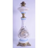 A LATE 19TH CENTURY CONTINENTAL OPALINE GLASS OIL LAMP mounted in brass, decorated with a house