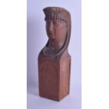 A 19TH CENTURY EGYPTIAN REVIVAL CARVED WOOD FIGURAL BUST possibly Folk Art. 30 cm x 8.5 cm.