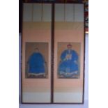 A GOOD PAIR OF 18TH/19TH CENTURY FRAMED INK WORK WATERCOLOUR ANCESTRAL PAINTINGS modelled seated