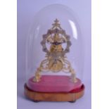 A FRENCH GLASS CASED BRASS SKELETON CLOCK with petal shaped silvered dial. Clock 26 cm x 16 cm.