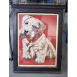 A VICTORIAN WOOLWORK PICTURE, depicting a Scotts Terrier looking pensive. 39 cm x 28 cm.