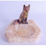 A LATE 19TH CENTURY AUSTRIAN COLD PAINTED BRONZE FIGURE OF A FOX mounted upon a hardstone inkwell,