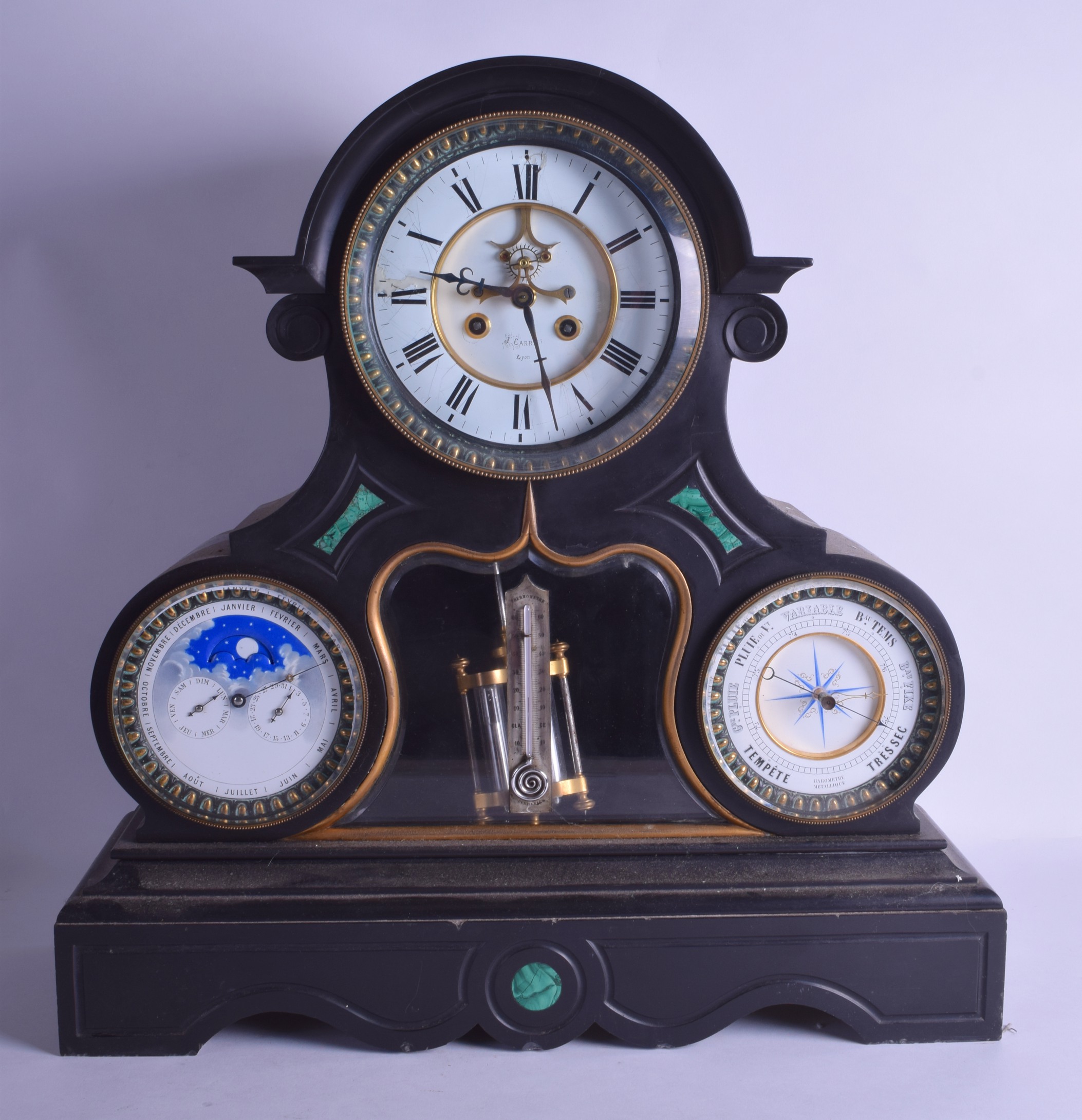 A VERY LARGE 19TH CENTURY BLACK MARBLE AND MALACHITE MANTEL CLOCK with three dials and thermometer