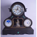 A VERY LARGE 19TH CENTURY BLACK MARBLE AND MALACHITE MANTEL CLOCK with three dials and thermometer