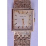 A STYLISH 9CT GOLD BUECHE GIROD LADIES WRISTWATCH with textured strap. Gold inc strap 39.5 grams.