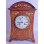 AN EDWARDIAN MOTHER OF PEARL INLAID MAHOGANY MANTEL CLOCK decorated with flowers and vines. 33 cm
