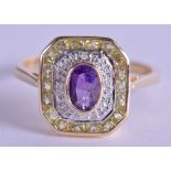 A 9CT GOLD ART DECO STYLE DIAMOND AND AMETHYST RING. Size O.