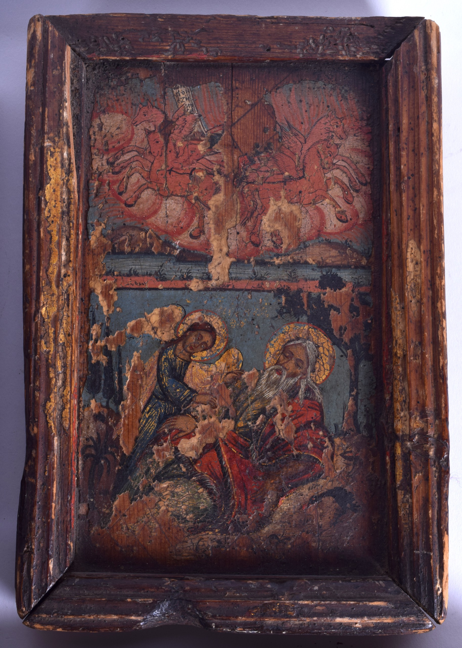 A GOOD GROUP OF FOUR 18TH/19TH CENTURY POLYCHROMED RUSSIAN ICONS painted with various scenes of - Image 2 of 6