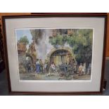 E R STURGEON, framed print, depicting villagers in communal scenes, 119/850. 50 cm x 69 cm.