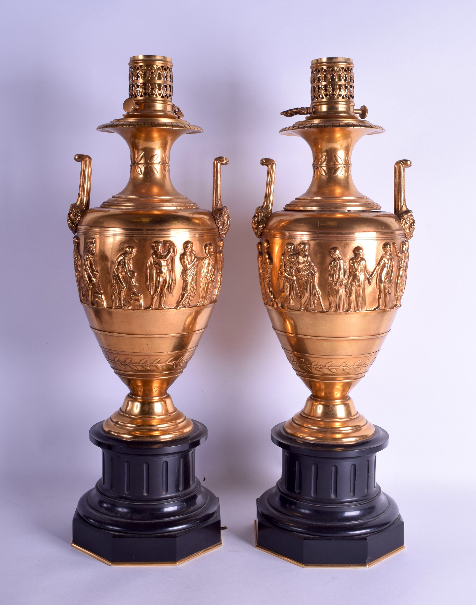 A FINE LARGE PAIR OF 19TH CENTURY ORMOLU TWIN HANDLED URN/OIL LAMPS by Barbedienne, modelled in