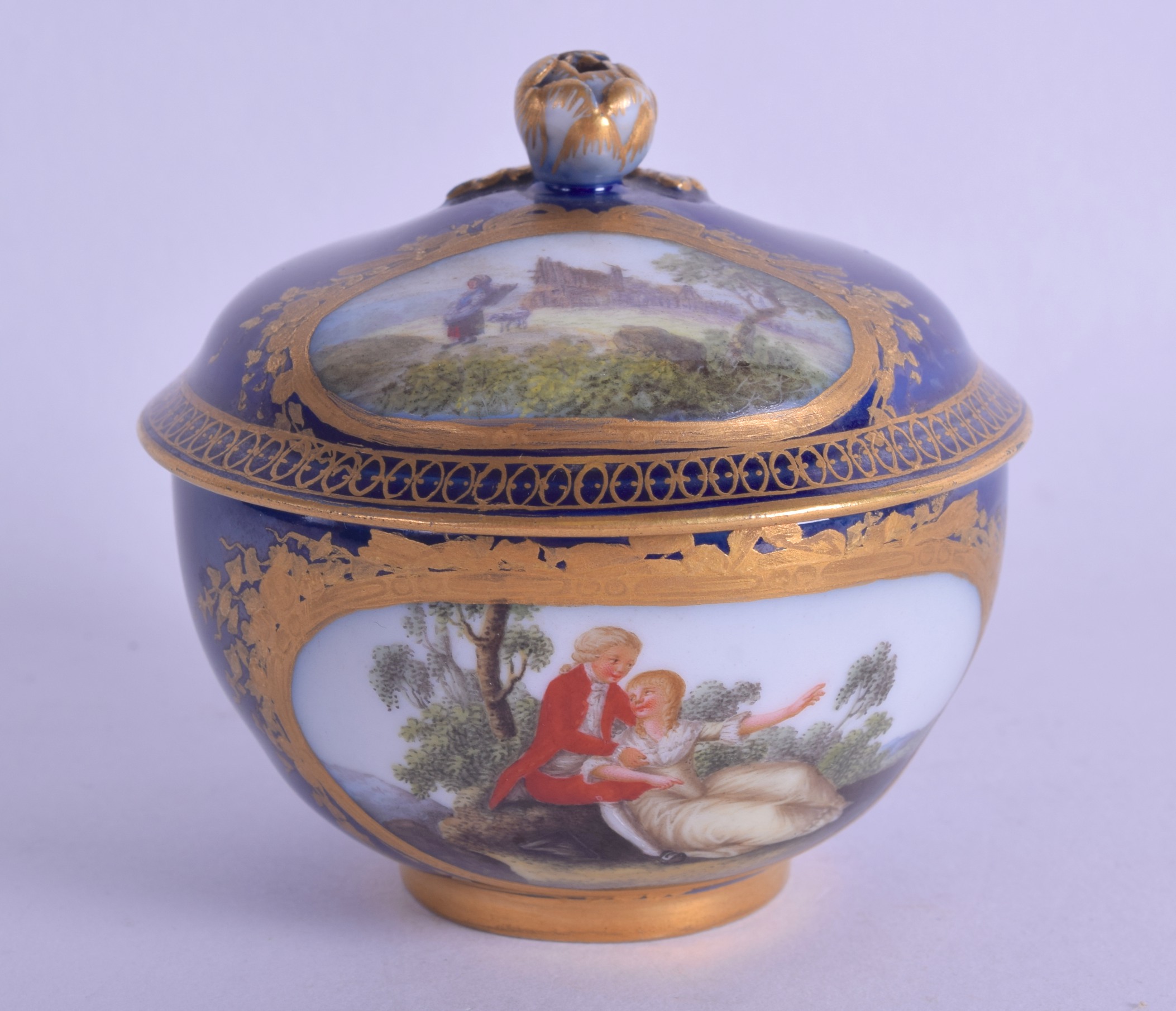 A 19TH CENTURY MEISSEN PORCELAIN CUP AND COVER painted with figures within landscapes. 8 cm wide. - Image 2 of 3